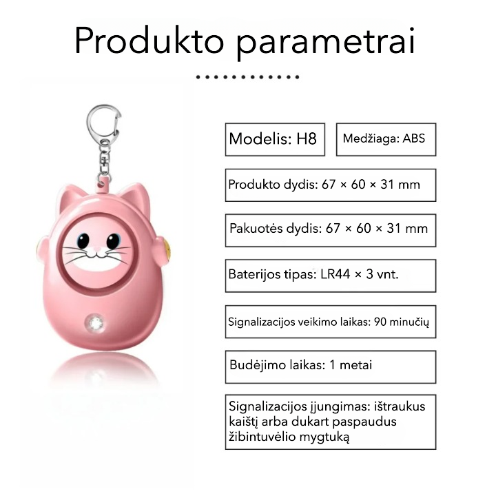 Nešiojamos saugos signalizacijos techniniai parametrai ir matmenys