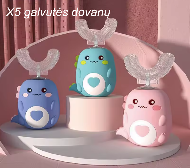 Vaikiškas U formos elektrinis dantų šepetėlis 360° su 5 galvutėmis